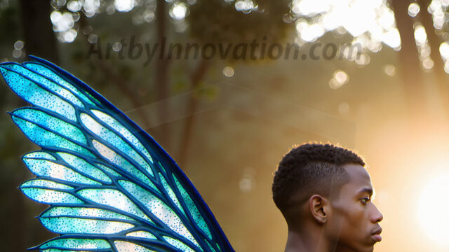 Brought to life through AI, Capturing the Pristine and Elusive Male Fairy. Imagine a realm where handsome shirtless men & boys possess enormous, shimmering crystal wings, vibrant and radiant, capturing and reflecting the light of the environment in a mesmerizing way, and adding a touch of mystery to their intense visage. Outdoors in a fantasy mysterious enchanted realm.