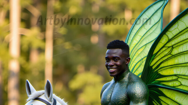 Brought to life through AI, Capturing the Pristine and Elusive Male Fairy. Imagine a realm where handsome shirtless men & boys possess enormous, shimmering crystal wings, vibrant and radiant, capturing and reflecting the light of the environment in a mesmerizing way, and adding a touch of mystery to their intense visage. Outdoors in a fantasy mysterious enchanted realm.