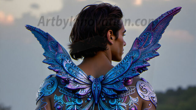 Brought to life through AI, Capturing the Pristine and Elusive Male Fairy. Imagine a realm where handsome shirtless men & boys possess enormous, shimmering crystal wings, vibrant and radiant, capturing and reflecting the light of the environment in a mesmerizing way, and adding a touch of mystery to their intense visage. Outdoors in a fantasy mysterious enchanted realm.