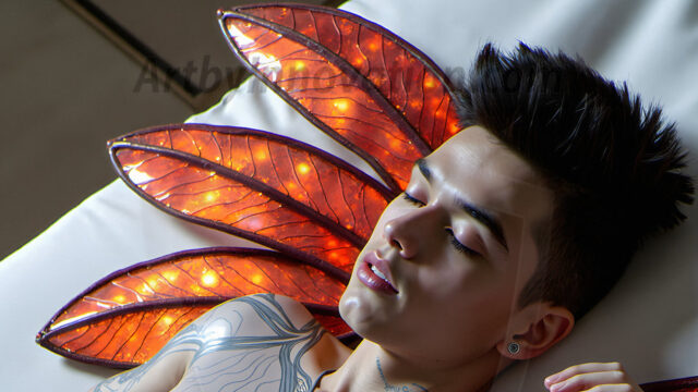 Brought to life through AI, Capturing the Pristine and Elusive Male Fairy. Imagine a realm where handsome shirtless men & boys possess enormous, shimmering crystal wings, vibrant and radiant, capturing and reflecting the light of the environment in a mesmerizing way, and adding a touch of mystery to their intense visage. Outdoors in a fantasy mysterious enchanted realm.