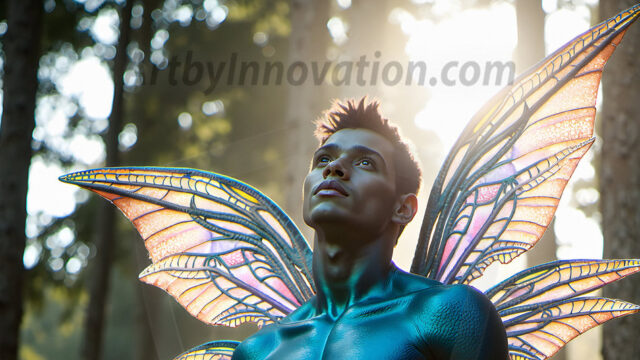 Brought to life through AI, Capturing the Pristine and Elusive Male Fairy. Imagine a realm where handsome shirtless men & boys possess enormous, shimmering crystal wings, vibrant and radiant, capturing and reflecting the light of the environment in a mesmerizing way, and adding a touch of mystery to their intense visage. Outdoors in a fantasy mysterious enchanted realm.