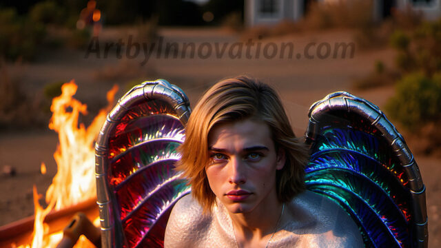 Brought to life through AI, Capturing the Pristine and Elusive Male Fairy. Imagine a realm where handsome shirtless men & boys possess enormous, shimmering crystal wings, vibrant and radiant, capturing and reflecting the light of the environment in a mesmerizing way, and adding a touch of mystery to their intense visage. Outdoors in a fantasy mysterious enchanted realm.