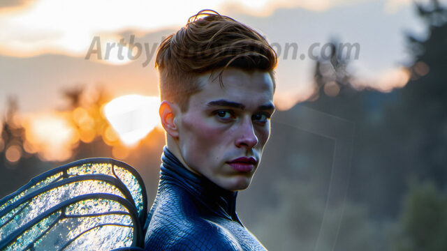 Brought to life through AI, Capturing the Pristine and Elusive Male Fairy. Imagine a realm where handsome shirtless men & boys possess enormous, shimmering crystal wings, vibrant and radiant, capturing and reflecting the light of the environment in a mesmerizing way, and adding a touch of mystery to their intense visage. Outdoors in a fantasy mysterious enchanted realm.