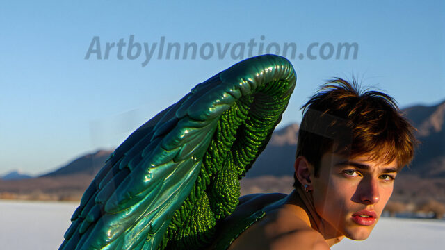 Brought to life through AI, Capturing the Pristine and Elusive Male Fairy. Imagine a realm where handsome shirtless men & boys possess enormous, shimmering crystal wings, vibrant and radiant, capturing and reflecting the light of the environment in a mesmerizing way, and adding a touch of mystery to their intense visage. Outdoors in a fantasy mysterious enchanted realm.