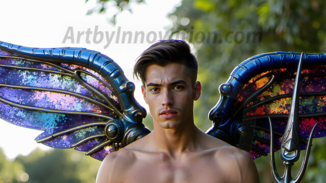 Brought to life through AI, Capturing the Pristine and Elusive Male Fairy. Imagine a realm where handsome shirtless men & boys possess enormous, shimmering crystal wings, vibrant and radiant, capturing and reflecting the light of the environment in a mesmerizing way, and adding a touch of mystery to their intense visage. Outdoors in a fantasy mysterious enchanted realm.