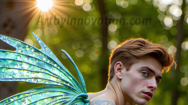 Brought to life through AI, Capturing the Pristine and Elusive Male Fairy. Imagine a realm where handsome shirtless men & boys possess enormous, shimmering crystal wings, vibrant and radiant, capturing and reflecting the light of the environment in a mesmerizing way, and adding a touch of mystery to their intense visage. Outdoors in a fantasy mysterious enchanted realm.