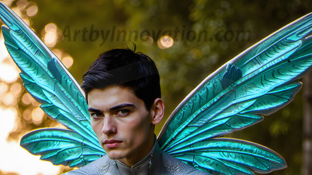 Brought to life through AI, Capturing the Pristine and Elusive Male Fairy. Imagine a realm where handsome shirtless men & boys possess enormous, shimmering crystal wings, vibrant and radiant, capturing and reflecting the light of the environment in a mesmerizing way, and adding a touch of mystery to their intense visage. Outdoors in a fantasy mysterious enchanted realm.