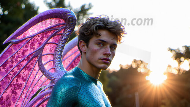 Brought to life through AI, Capturing the Pristine and Elusive Male Fairy. Imagine a realm where handsome shirtless men & boys possess enormous, shimmering crystal wings, vibrant and radiant, capturing and reflecting the light of the environment in a mesmerizing way, and adding a touch of mystery to their intense visage. Outdoors in a fantasy mysterious enchanted realm.