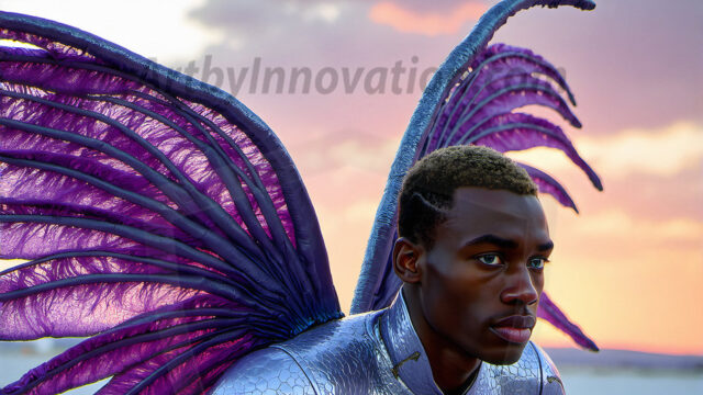 Brought to life through AI, Capturing the Pristine and Elusive Male Fairy. Imagine a realm where handsome shirtless men & boys possess enormous, shimmering crystal wings, vibrant and radiant, capturing and reflecting the light of the environment in a mesmerizing way, and adding a touch of mystery to their intense visage. Outdoors in a fantasy mysterious enchanted realm.