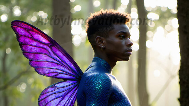 Brought to life through AI, Capturing the Pristine and Elusive Male Fairy. Imagine a realm where handsome shirtless men & boys possess enormous, shimmering crystal wings, vibrant and radiant, capturing and reflecting the light of the environment in a mesmerizing way, and adding a touch of mystery to their intense visage. Outdoors in a fantasy mysterious enchanted realm.