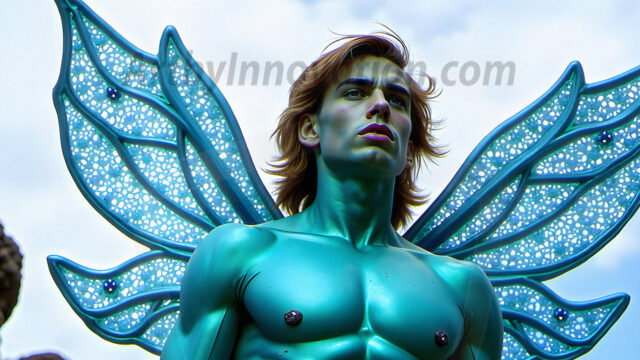 Brought to life through AI, Capturing the Pristine and Elusive Male Fairy. Imagine a realm where handsome shirtless men & boys possess enormous, shimmering crystal wings, vibrant and radiant, capturing and reflecting the light of the environment in a mesmerizing way, and adding a touch of mystery to their intense visage. Outdoors in a fantasy mysterious enchanted realm.