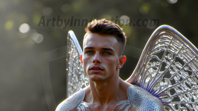 Brought to life through AI, Capturing the Pristine and Elusive Male Fairy. Imagine a realm where handsome shirtless men & boys possess enormous, shimmering crystal wings, vibrant and radiant, capturing and reflecting the light of the environment in a mesmerizing way, and adding a touch of mystery to their intense visage. Outdoors in a fantasy mysterious enchanted realm.