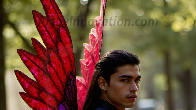 Brought to life through AI, Capturing the Pristine and Elusive Male Fairy. Imagine a realm where handsome shirtless men & boys possess enormous, shimmering crystal wings, vibrant and radiant, capturing and reflecting the light of the environment in a mesmerizing way, and adding a touch of mystery to their intense visage. Outdoors in a fantasy mysterious enchanted realm.