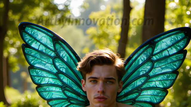 Brought to life through AI, Capturing the Pristine and Elusive Male Fairy. Imagine a realm where handsome shirtless men & boys possess enormous, shimmering crystal wings, vibrant and radiant, capturing and reflecting the light of the environment in a mesmerizing way, and adding a touch of mystery to their intense visage. Outdoors in a fantasy mysterious enchanted realm.