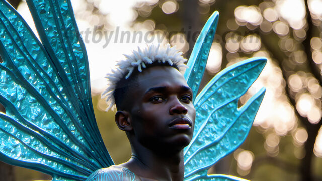 Brought to life through AI, Capturing the Pristine and Elusive Male Fairy. Imagine a realm where handsome shirtless men & boys possess enormous, shimmering crystal wings, vibrant and radiant, capturing and reflecting the light of the environment in a mesmerizing way, and adding a touch of mystery to their intense visage. Outdoors in a fantasy mysterious enchanted realm.