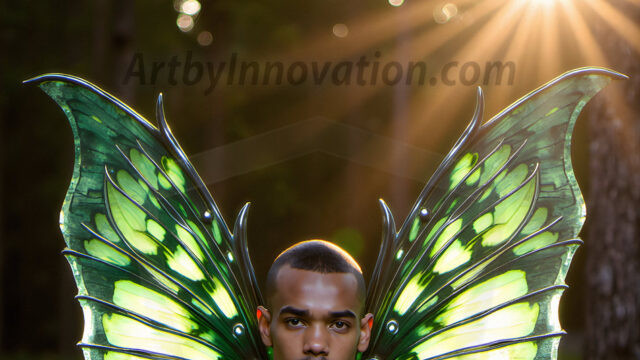 Brought to life through AI, Capturing the Pristine and Elusive Male Fairy. Imagine a realm where handsome shirtless men & boys possess enormous, shimmering crystal wings, vibrant and radiant, capturing and reflecting the light of the environment in a mesmerizing way, and adding a touch of mystery to their intense visage. Outdoors in a fantasy mysterious enchanted realm.