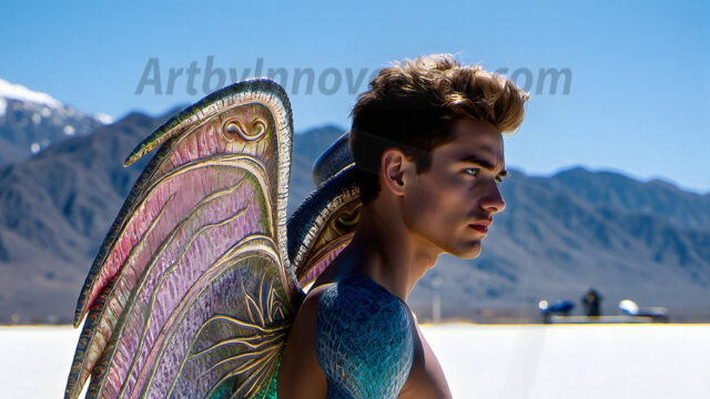 Brought to life through AI, Capturing the Pristine and Elusive Male Fairy. Imagine a realm where handsome shirtless men & boys possess enormous, shimmering crystal wings, vibrant and radiant, capturing and reflecting the light of the environment in a mesmerizing way, and adding a touch of mystery to their intense visage. Outdoors in a fantasy mysterious enchanted realm.