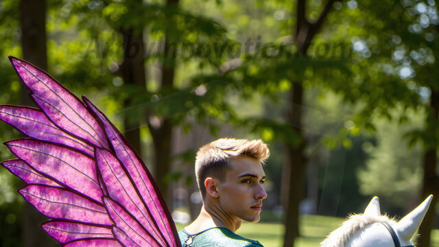 Brought to life through AI, Capturing the Pristine and Elusive Male Fairy. Imagine a realm where handsome shirtless men & boys possess enormous, shimmering crystal wings, vibrant and radiant, capturing and reflecting the light of the environment in a mesmerizing way, and adding a touch of mystery to their intense visage. Outdoors in a fantasy mysterious enchanted realm.