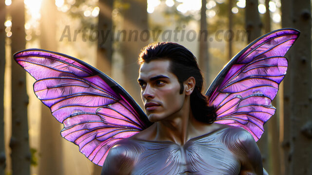 Brought to life through AI, Capturing the Pristine and Elusive Male Fairy. Imagine a realm where handsome shirtless men & boys possess enormous, shimmering crystal wings, vibrant and radiant, capturing and reflecting the light of the environment in a mesmerizing way, and adding a touch of mystery to their intense visage. Outdoors in a fantasy mysterious enchanted realm.