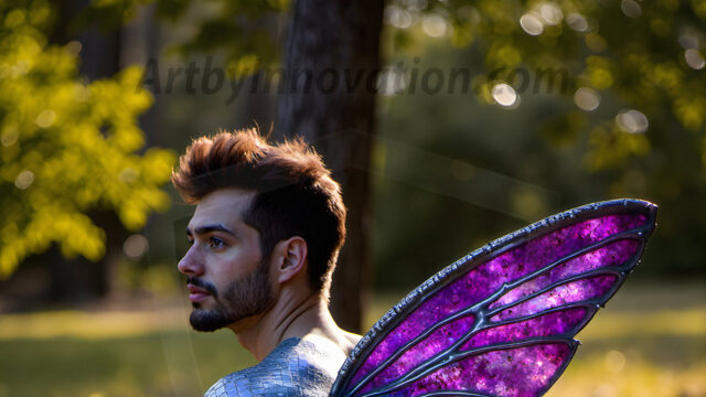 Brought to life through AI, Capturing the Pristine and Elusive Male Fairy. Imagine a realm where handsome shirtless men & boys possess enormous, shimmering crystal wings, vibrant and radiant, capturing and reflecting the light of the environment in a mesmerizing way, and adding a touch of mystery to their intense visage. Outdoors in a fantasy mysterious enchanted realm.