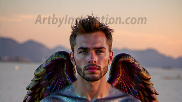 Brought to life through AI, Capturing the Pristine and Elusive Male Fairy. Imagine a realm where handsome shirtless men & boys possess enormous, shimmering crystal wings, vibrant and radiant, capturing and reflecting the light of the environment in a mesmerizing way, and adding a touch of mystery to their intense visage. Outdoors in a fantasy mysterious enchanted realm.