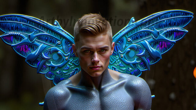 Brought to life through AI, Capturing the Pristine and Elusive Male Fairy. Imagine a realm where handsome shirtless men & boys possess enormous, shimmering crystal wings, vibrant and radiant, capturing and reflecting the light of the environment in a mesmerizing way, and adding a touch of mystery to their intense visage. Outdoors in a fantasy mysterious enchanted realm.