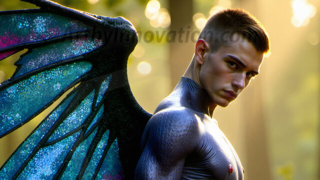 Brought to life through AI, Capturing the Pristine and Elusive Male Fairy. Imagine a realm where handsome shirtless men & boys possess enormous, shimmering crystal wings, vibrant and radiant, capturing and reflecting the light of the environment in a mesmerizing way, and adding a touch of mystery to their intense visage. Outdoors in a fantasy mysterious enchanted realm.