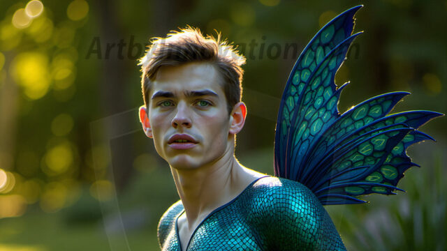 Brought to life through AI, Capturing the Pristine and Elusive Male Fairy. Imagine a realm where handsome shirtless men & boys possess enormous, shimmering crystal wings, vibrant and radiant, capturing and reflecting the light of the environment in a mesmerizing way, and adding a touch of mystery to their intense visage. Outdoors in a fantasy mysterious enchanted realm.