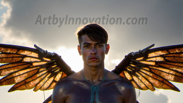 Brought to life through AI, Capturing the Pristine and Elusive Male Fairy. Imagine a realm where handsome shirtless men & boys possess enormous, shimmering crystal wings, vibrant and radiant, capturing and reflecting the light of the environment in a mesmerizing way, and adding a touch of mystery to their intense visage. Outdoors in a fantasy mysterious enchanted realm.