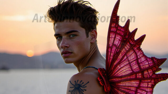 Brought to life through AI, Capturing the Pristine and Elusive Male Fairy. Imagine a realm where handsome shirtless men & boys possess enormous, shimmering crystal wings, vibrant and radiant, capturing and reflecting the light of the environment in a mesmerizing way, and adding a touch of mystery to their intense visage. Outdoors in a fantasy mysterious enchanted realm.