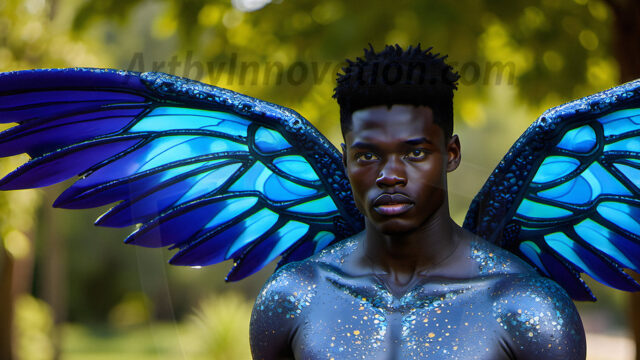 Brought to life through AI, Capturing the Pristine and Elusive Male Fairy. Imagine a realm where handsome shirtless men & boys possess enormous, shimmering crystal wings, vibrant and radiant, capturing and reflecting the light of the environment in a mesmerizing way, and adding a touch of mystery to their intense visage. Outdoors in a fantasy mysterious enchanted realm.