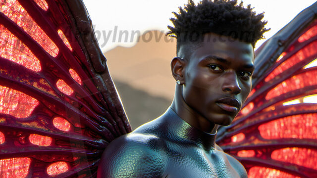Brought to life through AI, Capturing the Pristine and Elusive Male Fairy. Imagine a realm where handsome shirtless men & boys possess enormous, shimmering crystal wings, vibrant and radiant, capturing and reflecting the light of the environment in a mesmerizing way, and adding a touch of mystery to their intense visage. Outdoors in a fantasy mysterious enchanted realm.