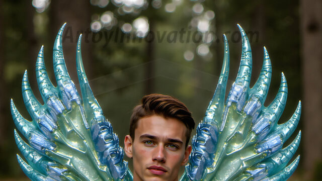 Brought to life through AI, Capturing the Pristine and Elusive Male Fairy. Imagine a realm where handsome shirtless men & boys possess enormous, shimmering crystal wings, vibrant and radiant, capturing and reflecting the light of the environment in a mesmerizing way, and adding a touch of mystery to their intense visage. Outdoors in a fantasy mysterious enchanted realm.