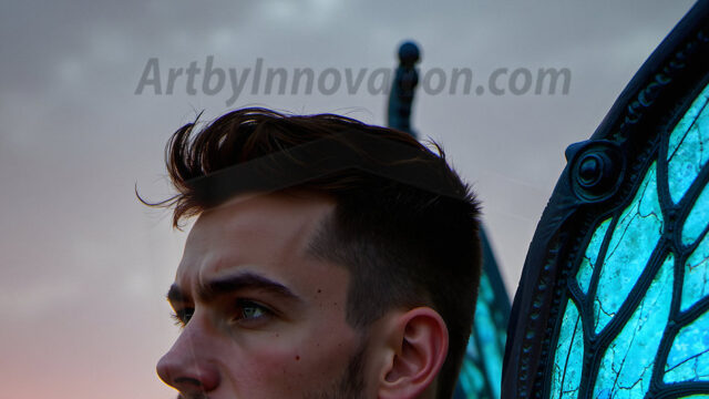 Brought to life through AI, Capturing the Pristine and Elusive Male Fairy. Imagine a realm where handsome shirtless men & boys possess enormous, shimmering crystal wings, vibrant and radiant, capturing and reflecting the light of the environment in a mesmerizing way, and adding a touch of mystery to their intense visage. Outdoors in a fantasy mysterious enchanted realm.