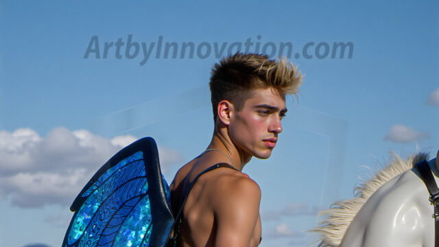 Brought to life through AI, Capturing the Pristine and Elusive Male Fairy. Imagine a realm where handsome shirtless men & boys possess enormous, shimmering crystal wings, vibrant and radiant, capturing and reflecting the light of the environment in a mesmerizing way, and adding a touch of mystery to their intense visage. Outdoors in a fantasy mysterious enchanted realm.