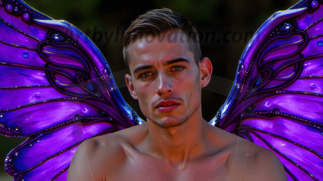Brought to life through AI, Capturing the Pristine and Elusive Male Fairy. Imagine a realm where handsome shirtless men & boys possess enormous, shimmering crystal wings, vibrant and radiant, capturing and reflecting the light of the environment in a mesmerizing way, and adding a touch of mystery to their intense visage. Outdoors in a fantasy mysterious enchanted realm.
