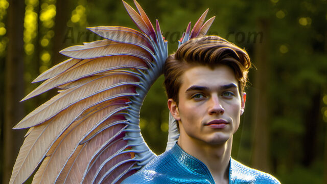 Brought to life through AI, Capturing the Pristine and Elusive Male Fairy. Imagine a realm where handsome shirtless men & boys possess enormous, shimmering crystal wings, vibrant and radiant, capturing and reflecting the light of the environment in a mesmerizing way, and adding a touch of mystery to their intense visage. Outdoors in a fantasy mysterious enchanted realm.