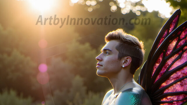 Brought to life through AI, Capturing the Pristine and Elusive Male Fairy. Imagine a realm where handsome shirtless men & boys possess enormous, shimmering crystal wings, vibrant and radiant, capturing and reflecting the light of the environment in a mesmerizing way, and adding a touch of mystery to their intense visage. Outdoors in a fantasy mysterious enchanted realm.