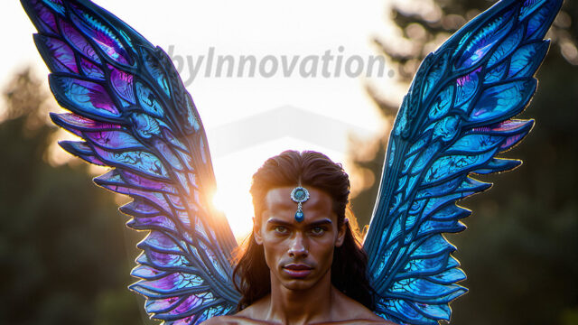 Brought to life through AI, Capturing the Pristine and Elusive Male Fairy. Imagine a realm where handsome shirtless men & boys possess enormous, shimmering crystal wings, vibrant and radiant, capturing and reflecting the light of the environment in a mesmerizing way, and adding a touch of mystery to their intense visage. Outdoors in a fantasy mysterious enchanted realm.