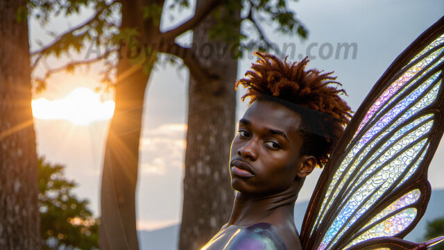 Brought to life through AI, Capturing the Pristine and Elusive Male Fairy. Imagine a realm where handsome shirtless men & boys possess enormous, shimmering crystal wings, vibrant and radiant, capturing and reflecting the light of the environment in a mesmerizing way, and adding a touch of mystery to their intense visage. Outdoors in a fantasy mysterious enchanted realm.