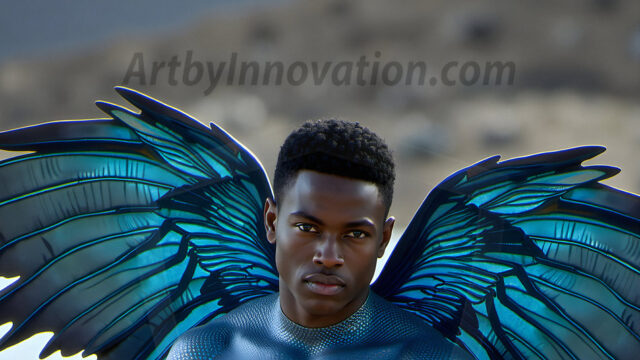 Brought to life through AI, Capturing the Pristine and Elusive Male Fairy. Imagine a realm where handsome shirtless men & boys possess enormous, shimmering crystal wings, vibrant and radiant, capturing and reflecting the light of the environment in a mesmerizing way, and adding a touch of mystery to their intense visage. Outdoors in a fantasy mysterious enchanted realm.