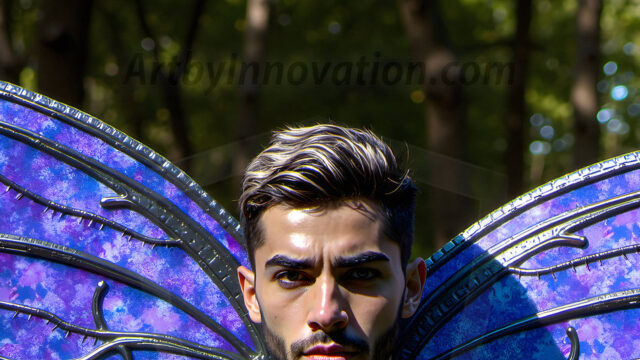 Brought to life through AI, Capturing the Pristine and Elusive Male Fairy. Imagine a realm where handsome shirtless men & boys possess enormous, shimmering crystal wings, vibrant and radiant, capturing and reflecting the light of the environment in a mesmerizing way, and adding a touch of mystery to their intense visage. Outdoors in a fantasy mysterious enchanted realm.