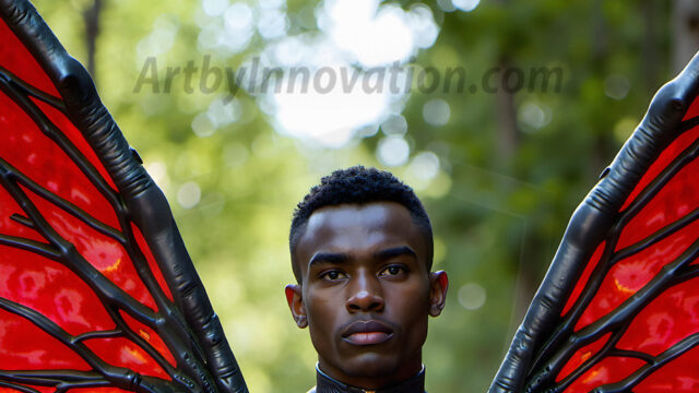 Brought to life through AI, Capturing the Pristine and Elusive Male Fairy. Imagine a realm where handsome shirtless men & boys possess enormous, shimmering crystal wings, vibrant and radiant, capturing and reflecting the light of the environment in a mesmerizing way, and adding a touch of mystery to their intense visage. Outdoors in a fantasy mysterious enchanted realm.