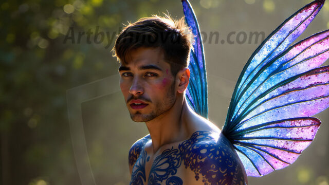 Brought to life through AI, Capturing the Pristine and Elusive Male Fairy. Imagine a realm where handsome shirtless men & boys possess enormous, shimmering crystal wings, vibrant and radiant, capturing and reflecting the light of the environment in a mesmerizing way, and adding a touch of mystery to their intense visage. Outdoors in a fantasy mysterious enchanted realm.