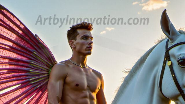 Brought to life through AI, Capturing the Pristine and Elusive Male Fairy. Imagine a realm where handsome shirtless men & boys possess enormous, shimmering crystal wings, vibrant and radiant, capturing and reflecting the light of the environment in a mesmerizing way, and adding a touch of mystery to their intense visage. Outdoors in a fantasy mysterious enchanted realm.