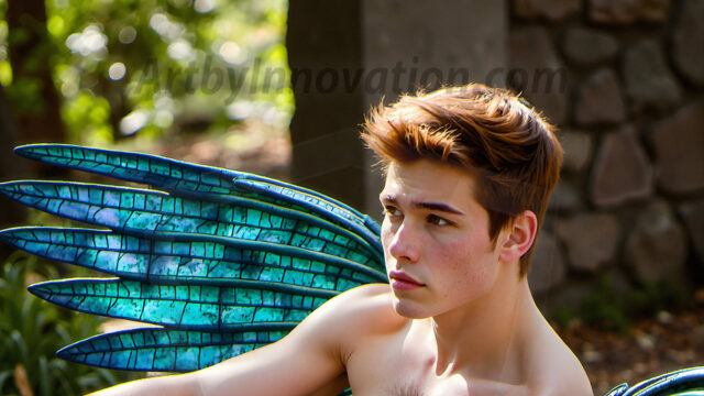 Brought to life through AI, Capturing the Pristine and Elusive Male Fairy. Imagine a realm where handsome shirtless men & boys possess enormous, shimmering crystal wings, vibrant and radiant, capturing and reflecting the light of the environment in a mesmerizing way, and adding a touch of mystery to their intense visage. Outdoors in a fantasy mysterious enchanted realm.