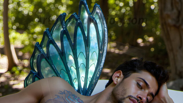 Brought to life through AI, Capturing the Pristine and Elusive Male Fairy. Imagine a realm where handsome shirtless men & boys possess enormous, shimmering crystal wings, vibrant and radiant, capturing and reflecting the light of the environment in a mesmerizing way, and adding a touch of mystery to their intense visage. Outdoors in a fantasy mysterious enchanted realm.