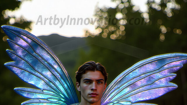 Brought to life through AI, Capturing the Pristine and Elusive Male Fairy. Imagine a realm where handsome shirtless men & boys possess enormous, shimmering crystal wings, vibrant and radiant, capturing and reflecting the light of the environment in a mesmerizing way, and adding a touch of mystery to their intense visage. Outdoors in a fantasy mysterious enchanted realm.