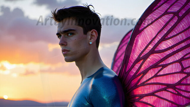 Brought to life through AI, Capturing the Pristine and Elusive Male Fairy. Imagine a realm where handsome shirtless men & boys possess enormous, shimmering crystal wings, vibrant and radiant, capturing and reflecting the light of the environment in a mesmerizing way, and adding a touch of mystery to their intense visage. Outdoors in a fantasy mysterious enchanted realm.