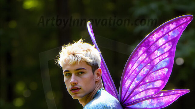 Brought to life through AI, Capturing the Pristine and Elusive Male Fairy. Imagine a realm where handsome shirtless men & boys possess enormous, shimmering crystal wings, vibrant and radiant, capturing and reflecting the light of the environment in a mesmerizing way, and adding a touch of mystery to their intense visage. Outdoors in a fantasy mysterious enchanted realm.